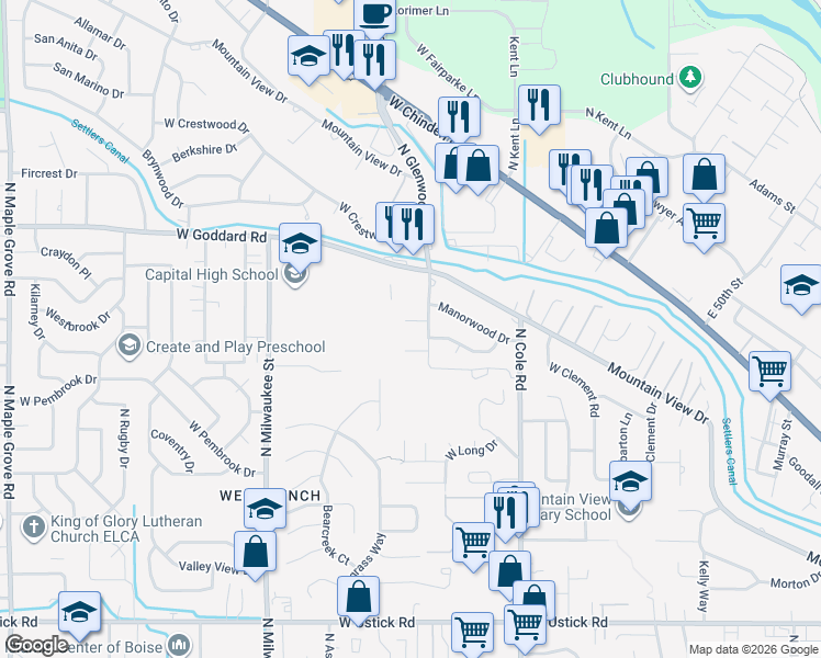 map of restaurants, bars, coffee shops, grocery stores, and more near 7750 Pinewood Circle in Boise