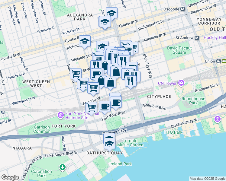map of restaurants, bars, coffee shops, grocery stores, and more near 480 Front Street West in Toronto