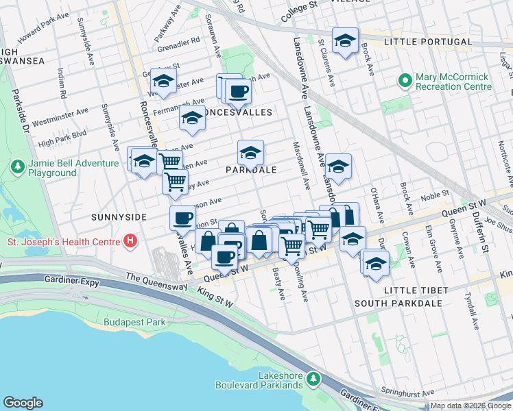 map of restaurants, bars, coffee shops, grocery stores, and more near 78 Sorauren Avenue in Toronto