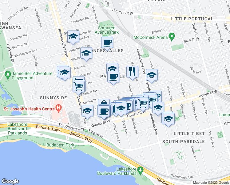 map of restaurants, bars, coffee shops, grocery stores, and more near 78 Sorauren Avenue in Toronto