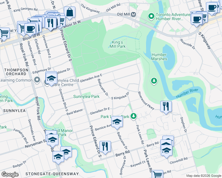 map of restaurants, bars, coffee shops, grocery stores, and more near 8 Breezewood Drive in Toronto