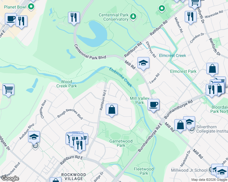 map of restaurants, bars, coffee shops, grocery stores, and more near in Mississauga