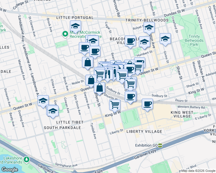 map of restaurants, bars, coffee shops, grocery stores, and more near 200 Sudbury Street in Toronto
