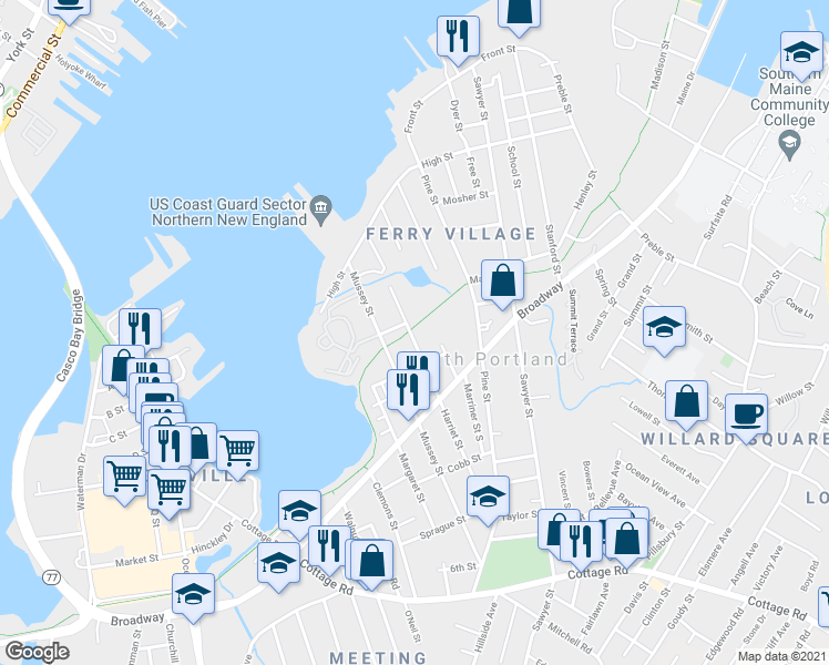 map of restaurants, bars, coffee shops, grocery stores, and more near 90 Harriet Street in South Portland