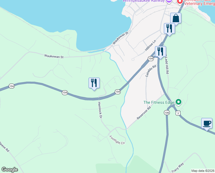 map of restaurants, bars, coffee shops, grocery stores, and more near 23 Foundry Avenue in Meredith