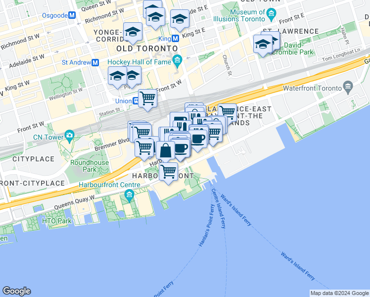 map of restaurants, bars, coffee shops, grocery stores, and more near 24 Harbour Street in Toronto