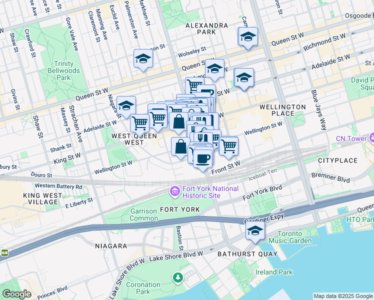 map of restaurants, bars, coffee shops, grocery stores, and more near 61 Stewart Street in Toronto