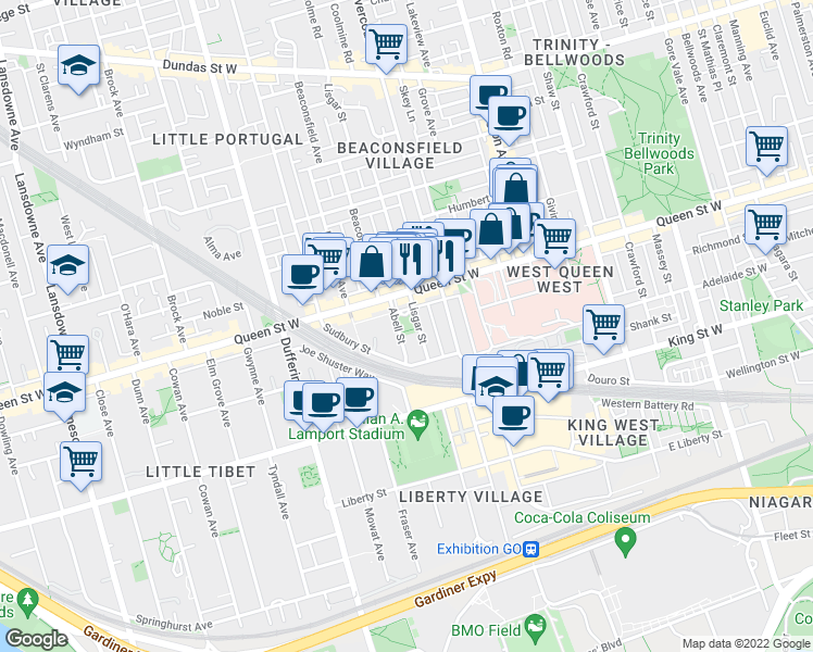 map of restaurants, bars, coffee shops, grocery stores, and more near 36 Lisgar Street in Toronto