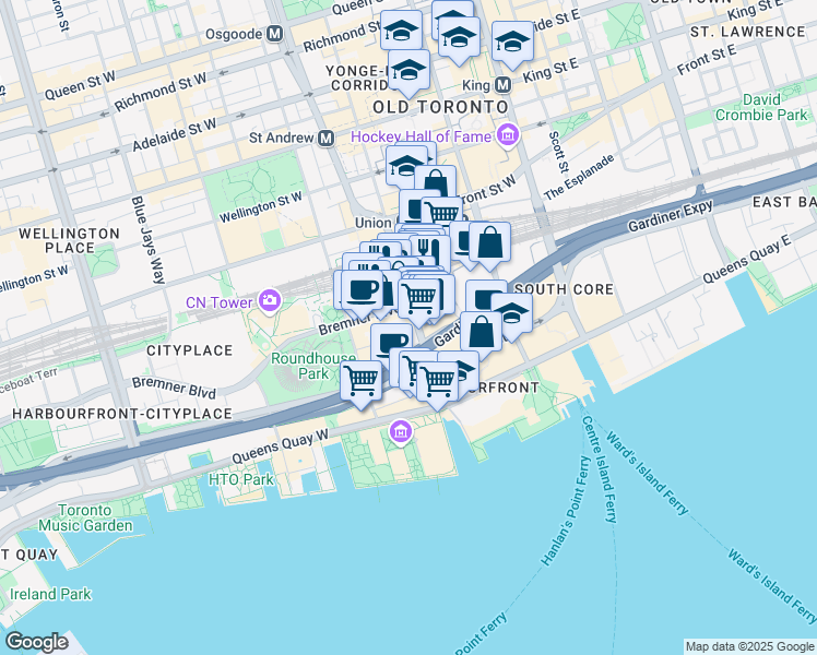 map of restaurants, bars, coffee shops, grocery stores, and more near 14 York Street in Toronto