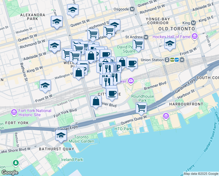 map of restaurants, bars, coffee shops, grocery stores, and more near 1 Blue Jays Way in Toronto