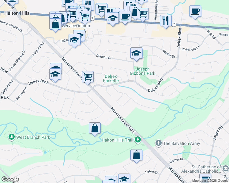 map of restaurants, bars, coffee shops, grocery stores, and more near 6 Metcalfe Court in Halton Hills