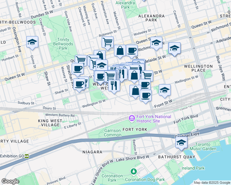 map of restaurants, bars, coffee shops, grocery stores, and more near 180 Niagara Street in Toronto