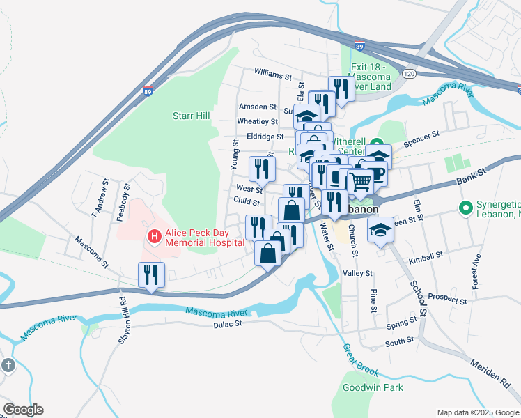 map of restaurants, bars, coffee shops, grocery stores, and more near 5 Child Street in Lebanon