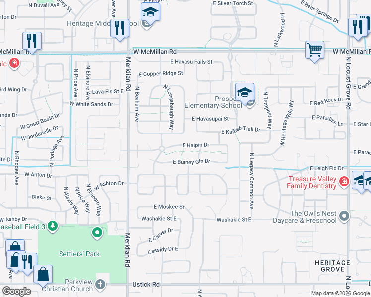 map of restaurants, bars, coffee shops, grocery stores, and more near 417 East Halpin Drive in Meridian