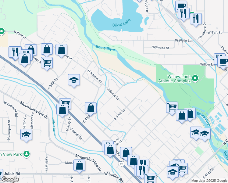 map of restaurants, bars, coffee shops, grocery stores, and more near 4800 Adams Street in Boise