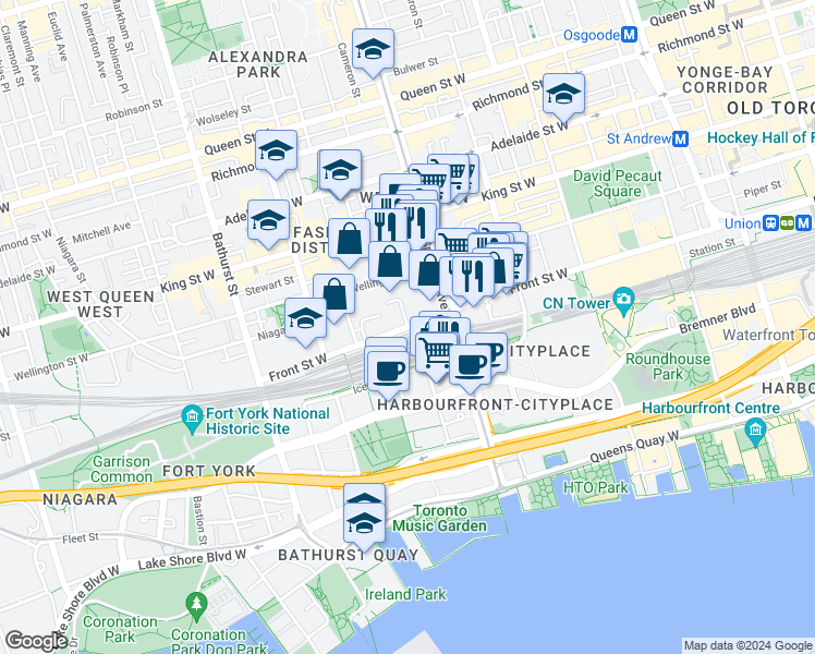 map of restaurants, bars, coffee shops, grocery stores, and more near 458 Front Street West in Toronto