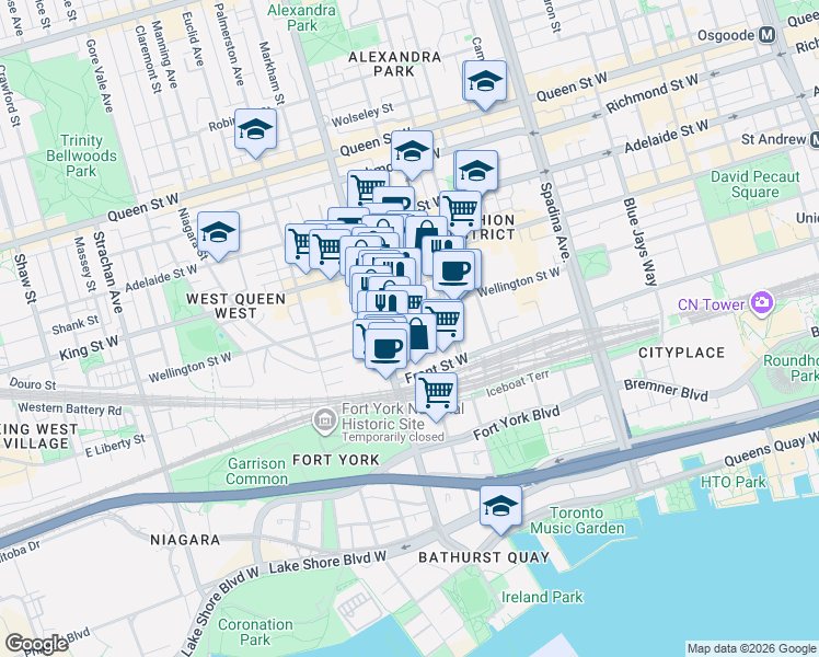 map of restaurants, bars, coffee shops, grocery stores, and more near 39 Niagara Street in Toronto