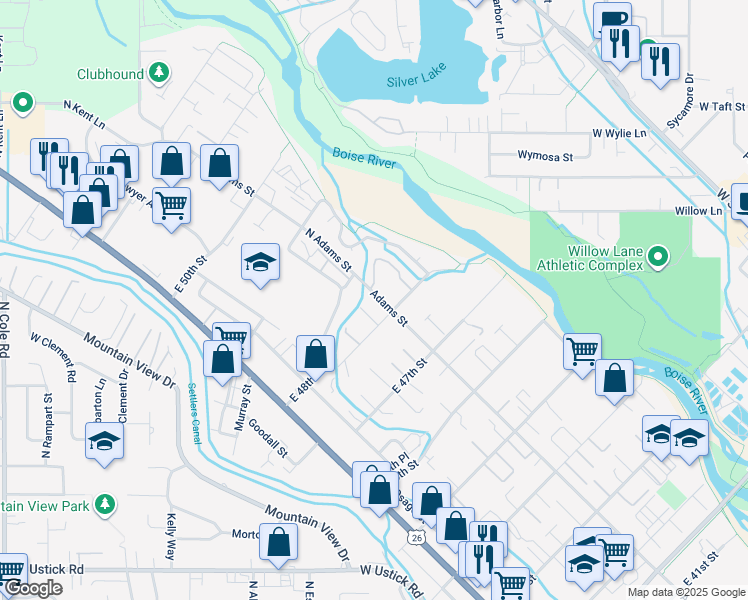 map of restaurants, bars, coffee shops, grocery stores, and more near 4815 Adams Street in Garden City