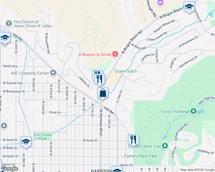map of restaurants, bars, coffee shops, grocery stores, and more near 2458 North Bogus Basin Road in Boise