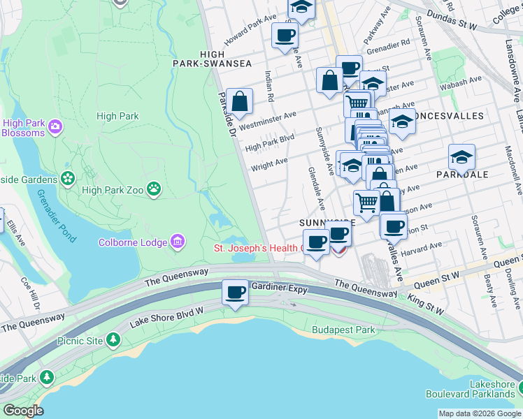 map of restaurants, bars, coffee shops, grocery stores, and more near 115 Parkside Drive in Toronto