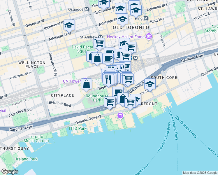 map of restaurants, bars, coffee shops, grocery stores, and more near 51 Lower Simcoe Street in Toronto