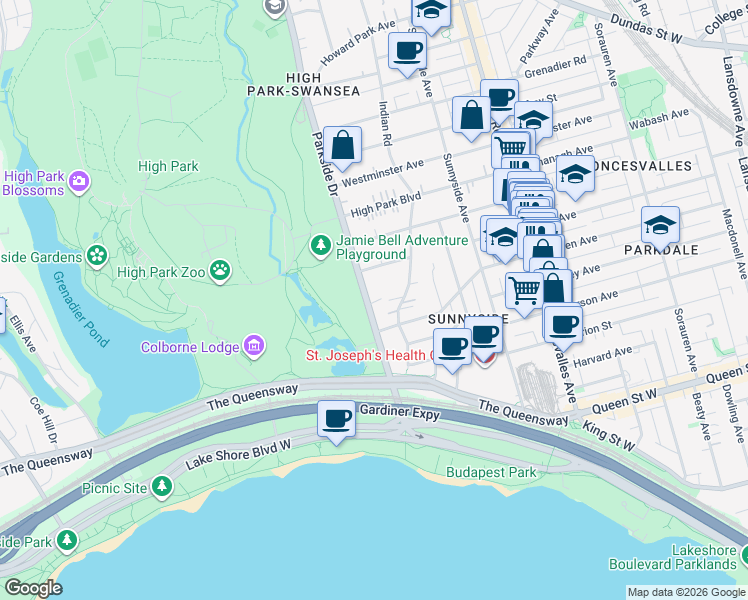 map of restaurants, bars, coffee shops, grocery stores, and more near in Toronto