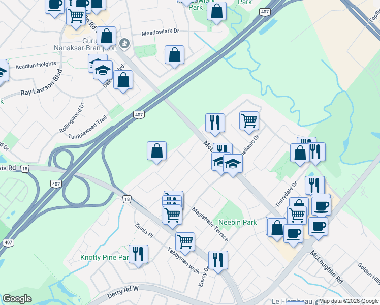 map of restaurants, bars, coffee shops, grocery stores, and more near 588 Rossellini Drive in Mississauga
