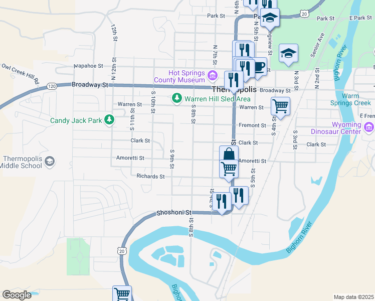 map of restaurants, bars, coffee shops, grocery stores, and more near 817 Clark St in Thermopolis