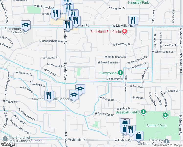 map of restaurants, bars, coffee shops, grocery stores, and more near 4153 North McKinley Park Avenue in Meridian