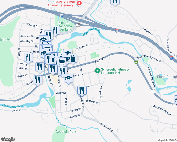 map of restaurants, bars, coffee shops, grocery stores, and more near 42 Green Street in Lebanon