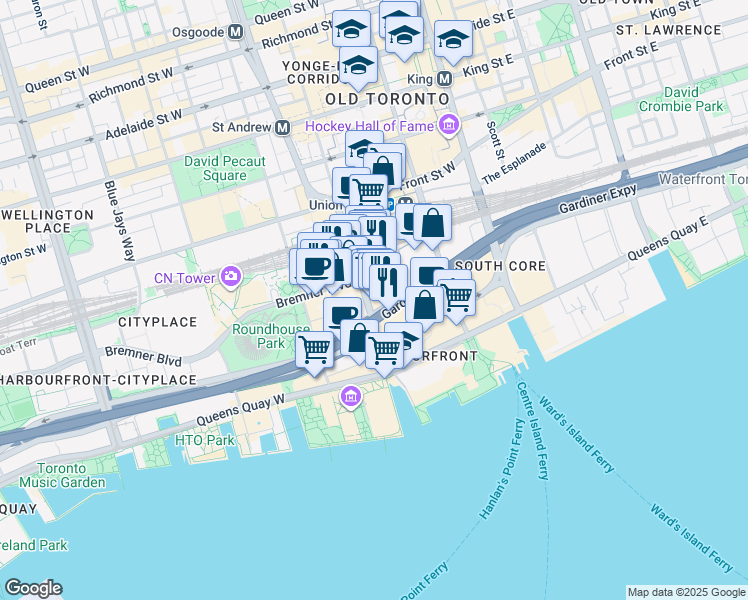 map of restaurants, bars, coffee shops, grocery stores, and more near 16 York Street in Toronto