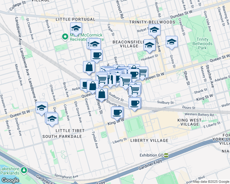 map of restaurants, bars, coffee shops, grocery stores, and more near in Toronto