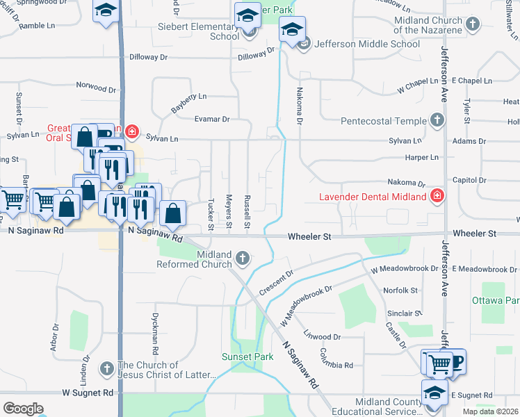 map of restaurants, bars, coffee shops, grocery stores, and more near 4907 Whisper Ridge in Midland