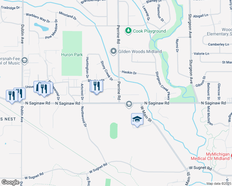 map of restaurants, bars, coffee shops, grocery stores, and more near 4115 Stonegate Drive in Midland
