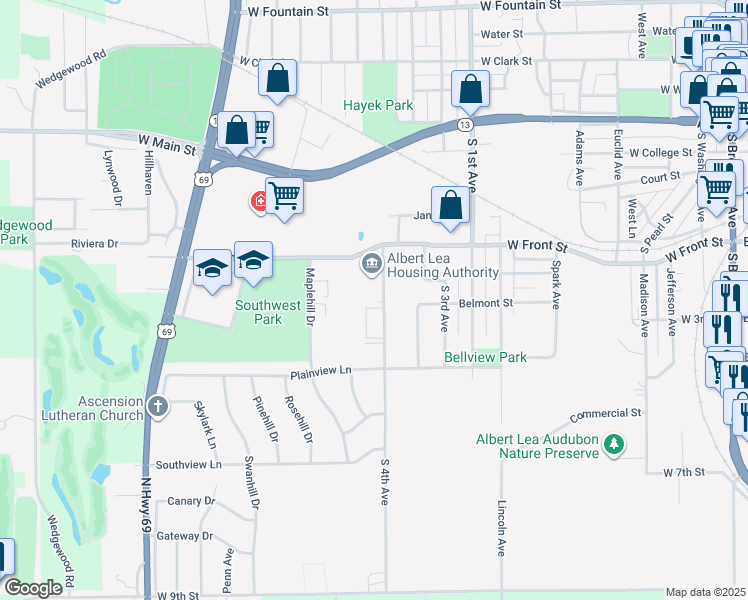 map of restaurants, bars, coffee shops, grocery stores, and more near 820 South 4th Avenue in Albert Lea