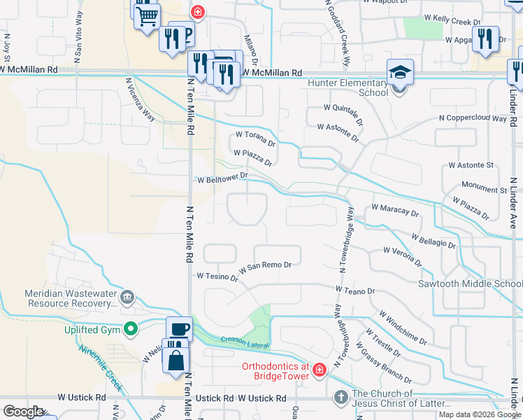 map of restaurants, bars, coffee shops, grocery stores, and more near 4168 North Desertbreeze Place in Meridian