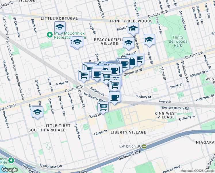 map of restaurants, bars, coffee shops, grocery stores, and more near 68 Abell Street in Toronto