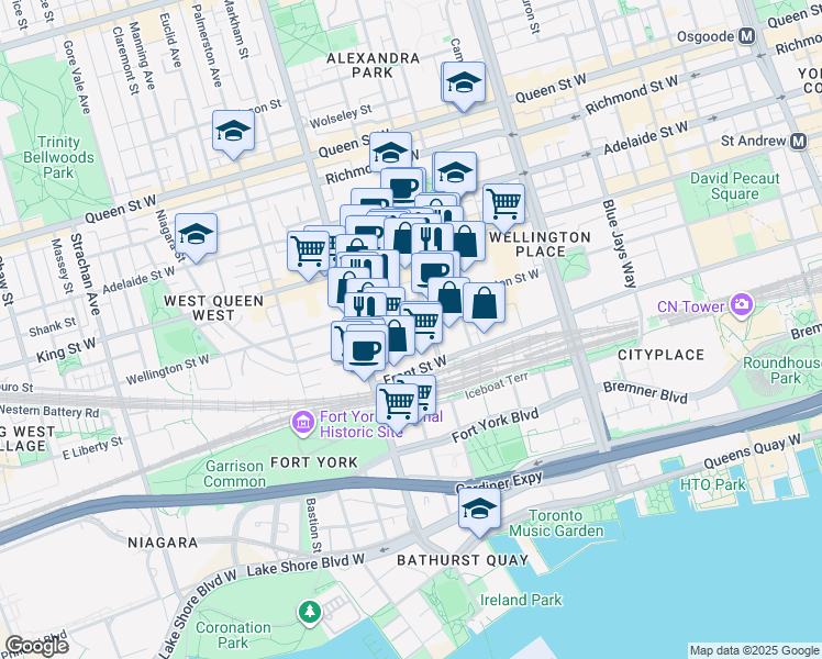 map of restaurants, bars, coffee shops, grocery stores, and more near 11 Niagara Street in Toronto