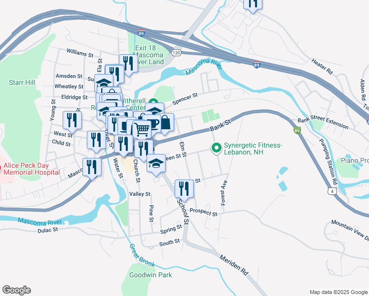 map of restaurants, bars, coffee shops, grocery stores, and more near 23 Elm St in Lebanon