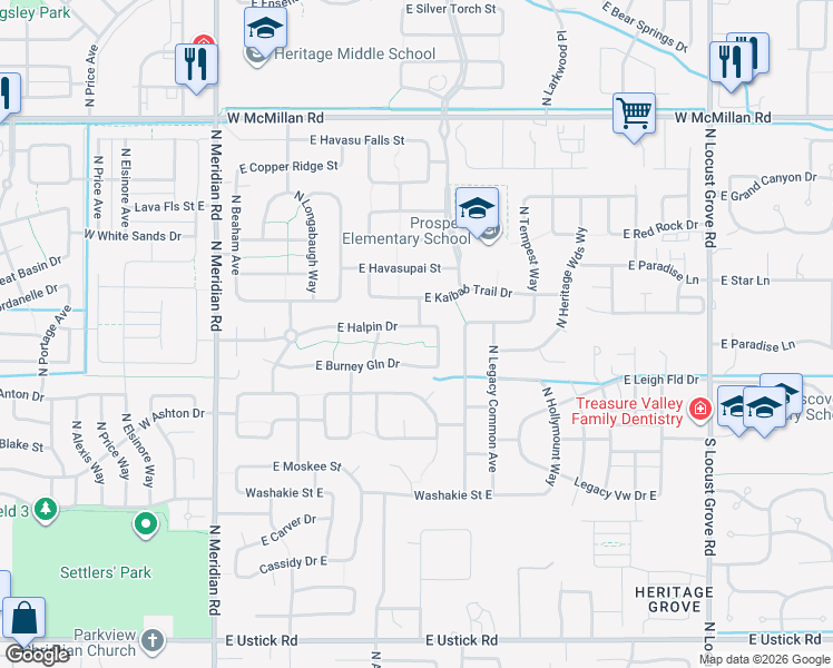 map of restaurants, bars, coffee shops, grocery stores, and more near 604 East Halpin Drive in Meridian
