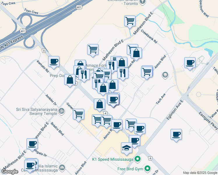 map of restaurants, bars, coffee shops, grocery stores, and more near 1575 Sismet Road in Mississauga