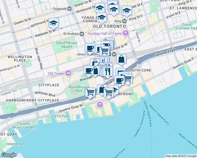 map of restaurants, bars, coffee shops, grocery stores, and more near 16 York Street in Toronto
