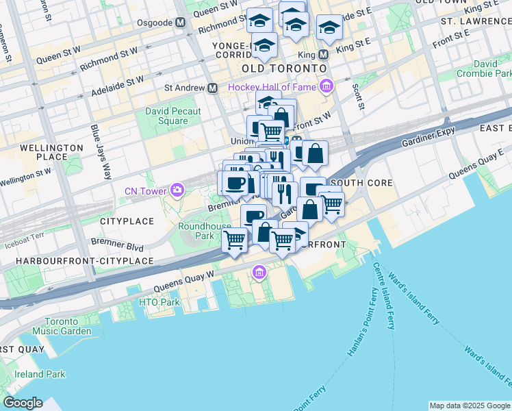 map of restaurants, bars, coffee shops, grocery stores, and more near 16 York Street in Toronto