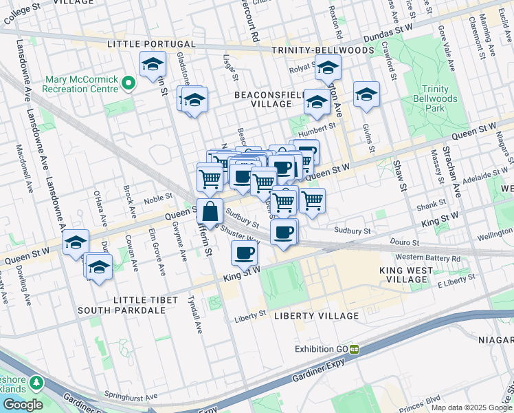 map of restaurants, bars, coffee shops, grocery stores, and more near 1153 Queen Street West in Toronto