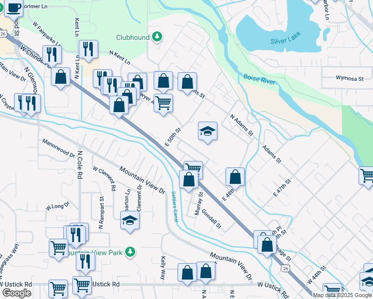 map of restaurants, bars, coffee shops, grocery stores, and more near 4961 East Bradley Street in Garden City