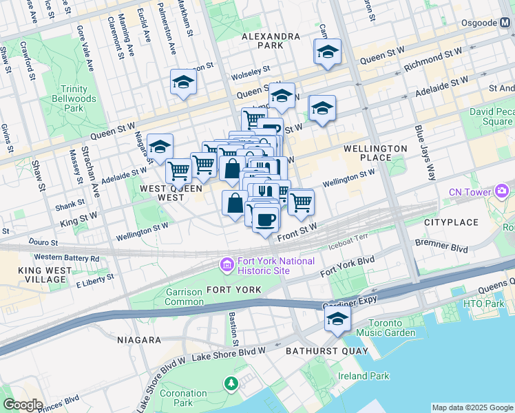 map of restaurants, bars, coffee shops, grocery stores, and more near 60 Bathurst Street in Toronto