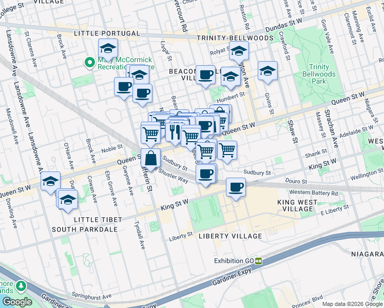 map of restaurants, bars, coffee shops, grocery stores, and more near 68 Abell Street in Toronto