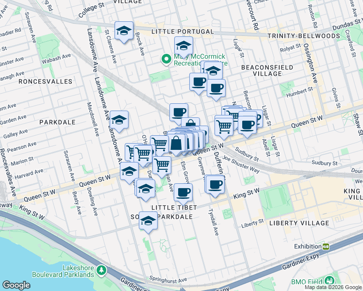 map of restaurants, bars, coffee shops, grocery stores, and more near 41 Noble Street in Toronto