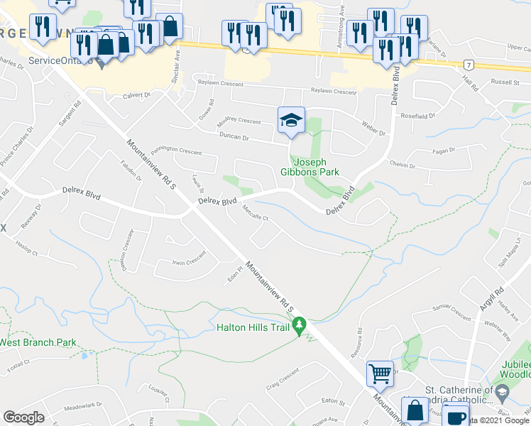 map of restaurants, bars, coffee shops, grocery stores, and more near 17 Metcalfe Court in Halton Hills