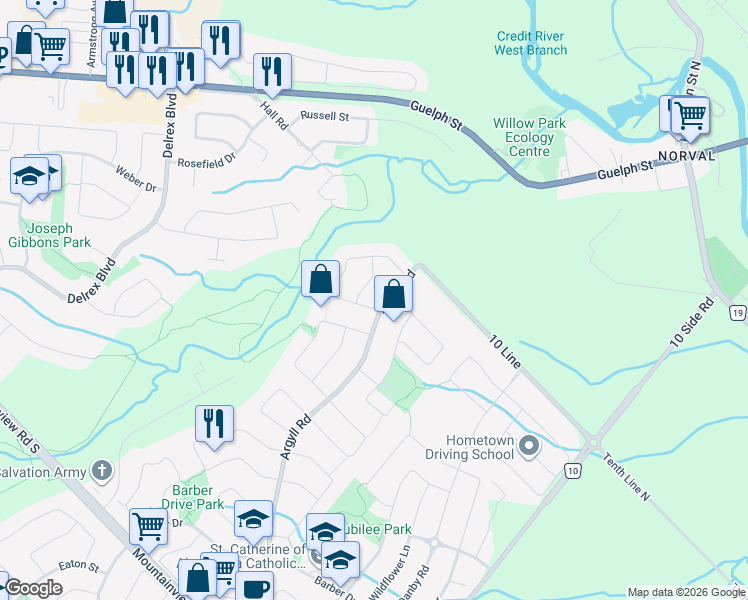 map of restaurants, bars, coffee shops, grocery stores, and more near 15295 Argyll Road in Halton Hills